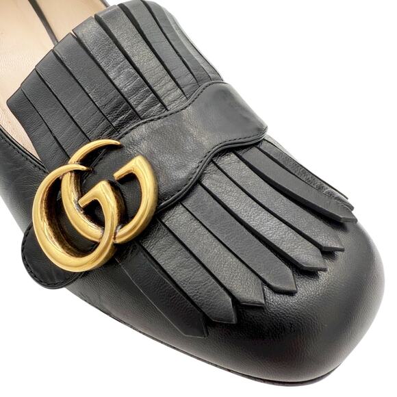 Gucci Marmont GG Fringe Loafers Low Block Heel Pumps Black LeatherSize 39 US 9 - Picture 6 of 15